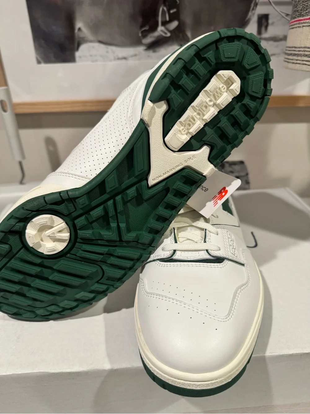 New Balance Men’s White and Dark Green Leather Sneakers